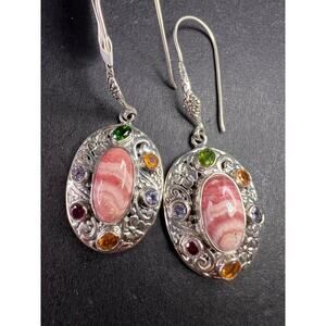 NEW Bali rhodochrosite multi gem sterling silver earrings